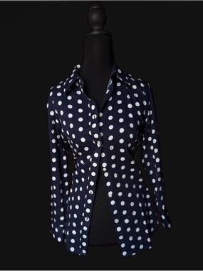 Chaps Navy and White Polka Dot Button-Down Shirt